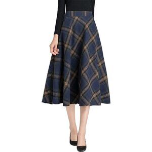 Womens Mid-calf Navy Elastic Waist A-Line Pleated Tartan Long Plaid Wool Skirt